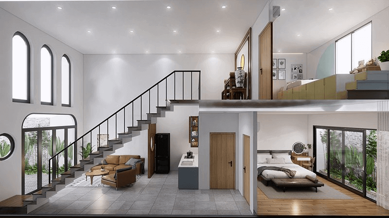 TẤT TẦN TẬT VỀ THIẾT KẾ NHÀ GÁC LỬNG ĐẸP 2025 7 nhà gác lửng 2 phòng ngủ